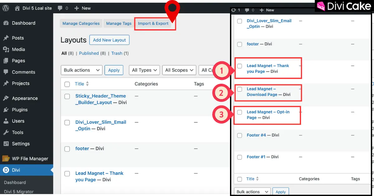 Screenshot showing how to import the Lead Magnet Opt-in Page Pack .json file into the Divi Library and view the three included pre-made designs.