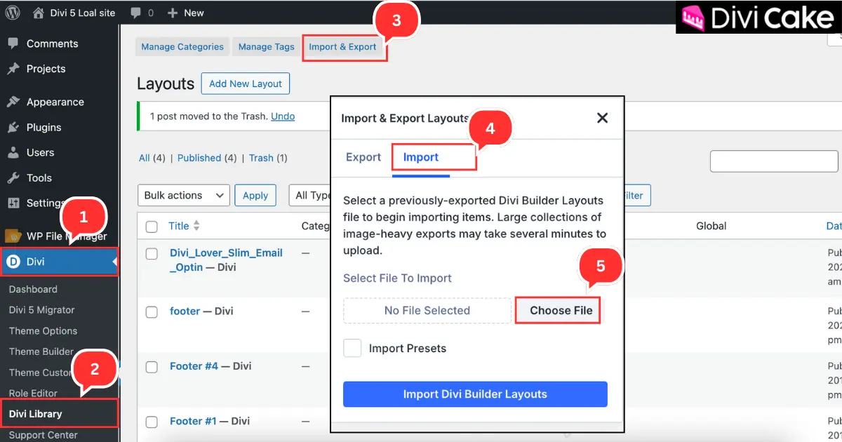 Importing Divi Lover’s free transparent sticky header layout into Divi 5 using the Divi Library