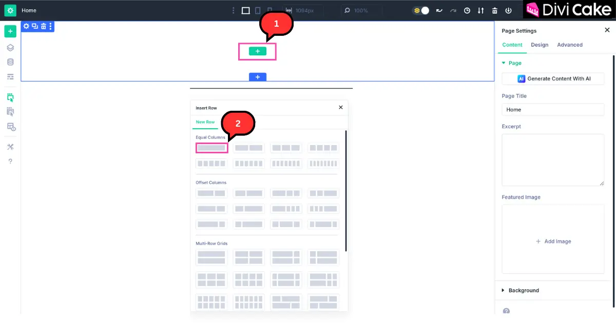 Screenshot of Divi 5 builder showing how to insert sections, rows, and modules like text, headings, and images.