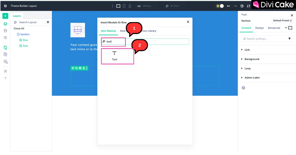 Screenshot of Divi 5 Theme Builder showing how to insert a Text Module for dynamic copyright footer credits.