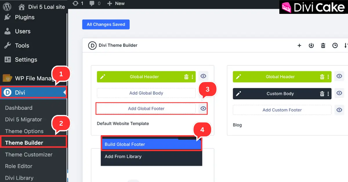 Navigating to Divi Theme Builder and selecting Add Global Footer to start building a footer in Divi 5