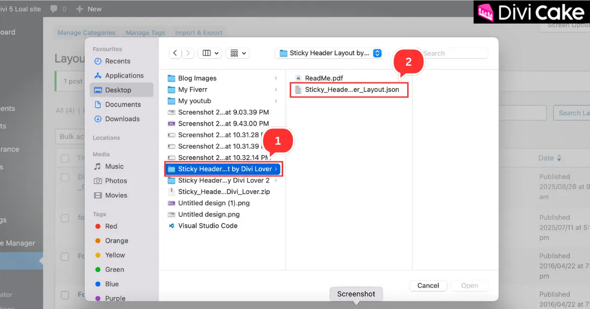Opening the Divi Lover sticky header folder and selecting Sticky_Header_Layout.json file for Divi import