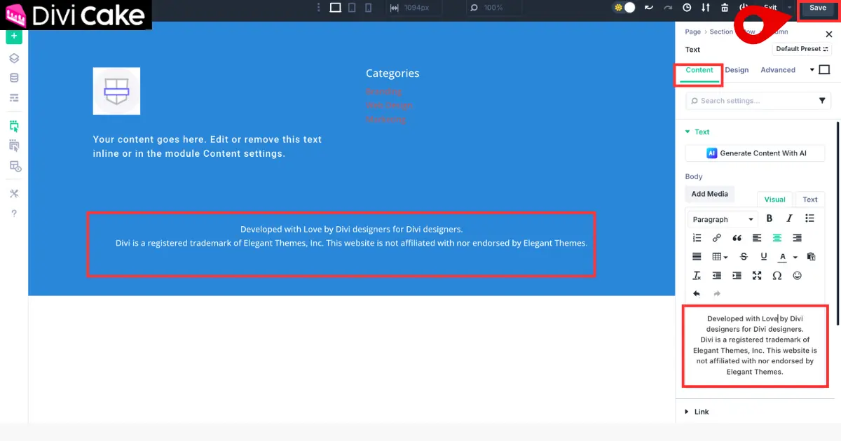 Clicking the save button to apply the global footer design across the entire website in Divi 5