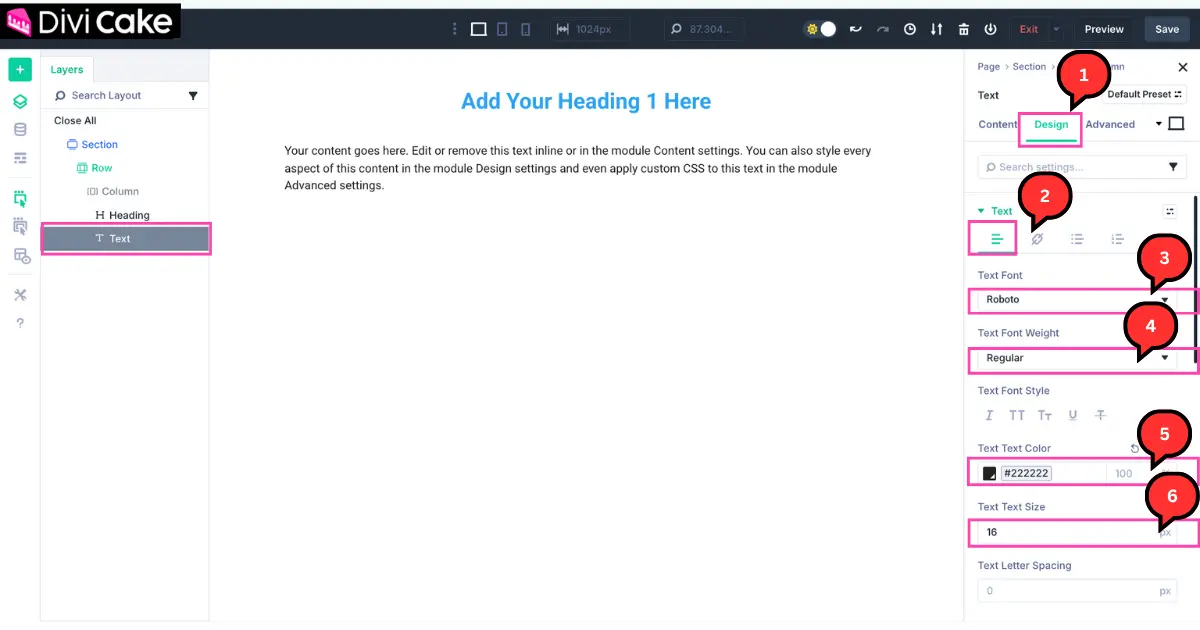 Screenshot of Divi 5 builder showing how to customize a Text module’s font, weight, color, and size in the Design tab.