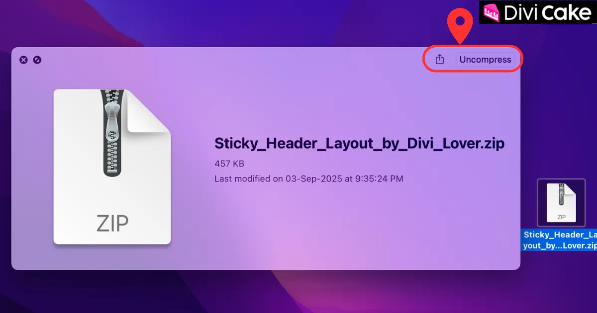 Unzipping the downloaded Divi Lover transparent sticky header folder to access the .json file for Divi import