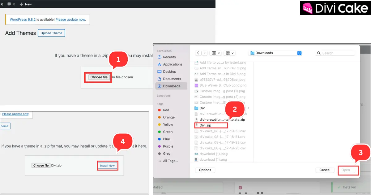 WordPress dashboard showing how to upload and install the Divi 5 .zip theme file using the Choose File and Install Now buttons.
