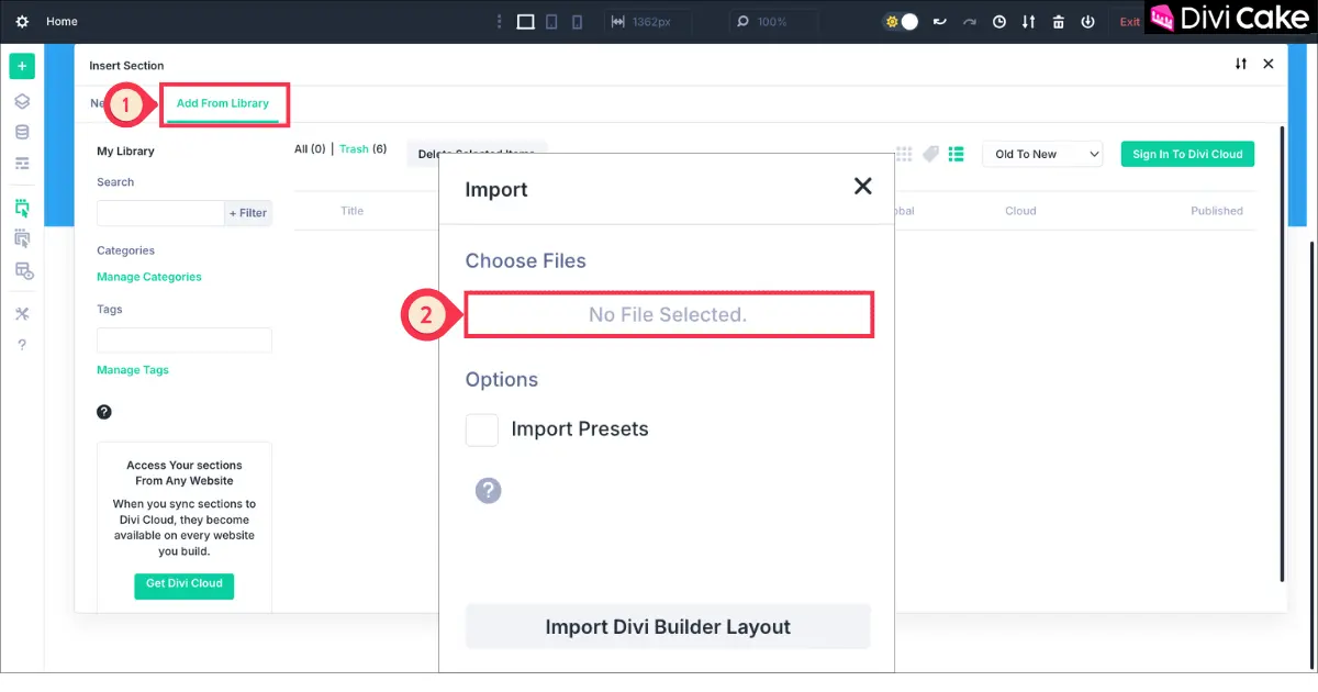 Screenshot showing how to add a new section in the Divi Visual Builder and import free Divi testimonial layouts from the library using the “Add From Library” option.
