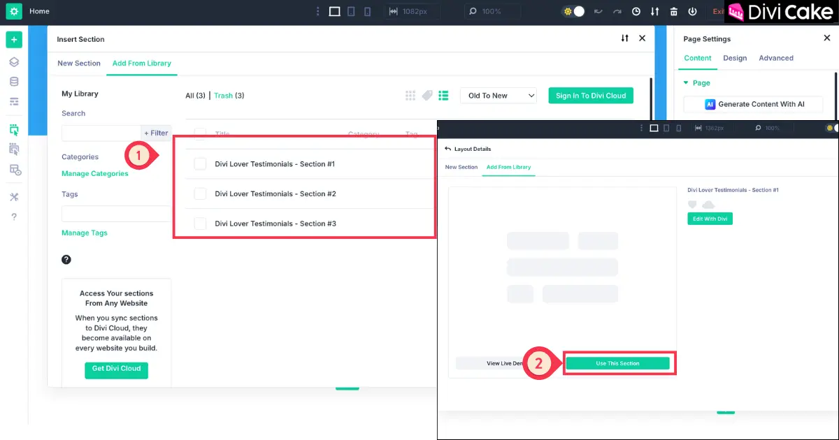 Screenshot showing uploaded free Divi testimonial sections in the Divi Library, allowing users to select and import their preferred layout into the page.
