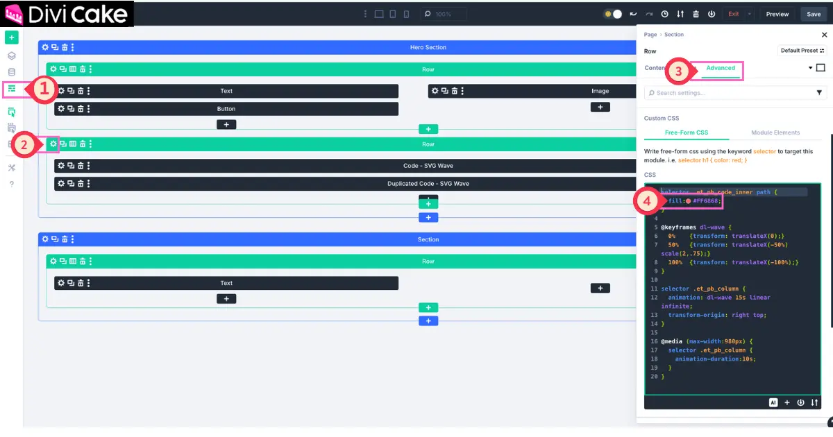 Step-by-step tutorial showing how to customize the animated divider in Divi 5 using CSS and section settings for a wave-style effect.