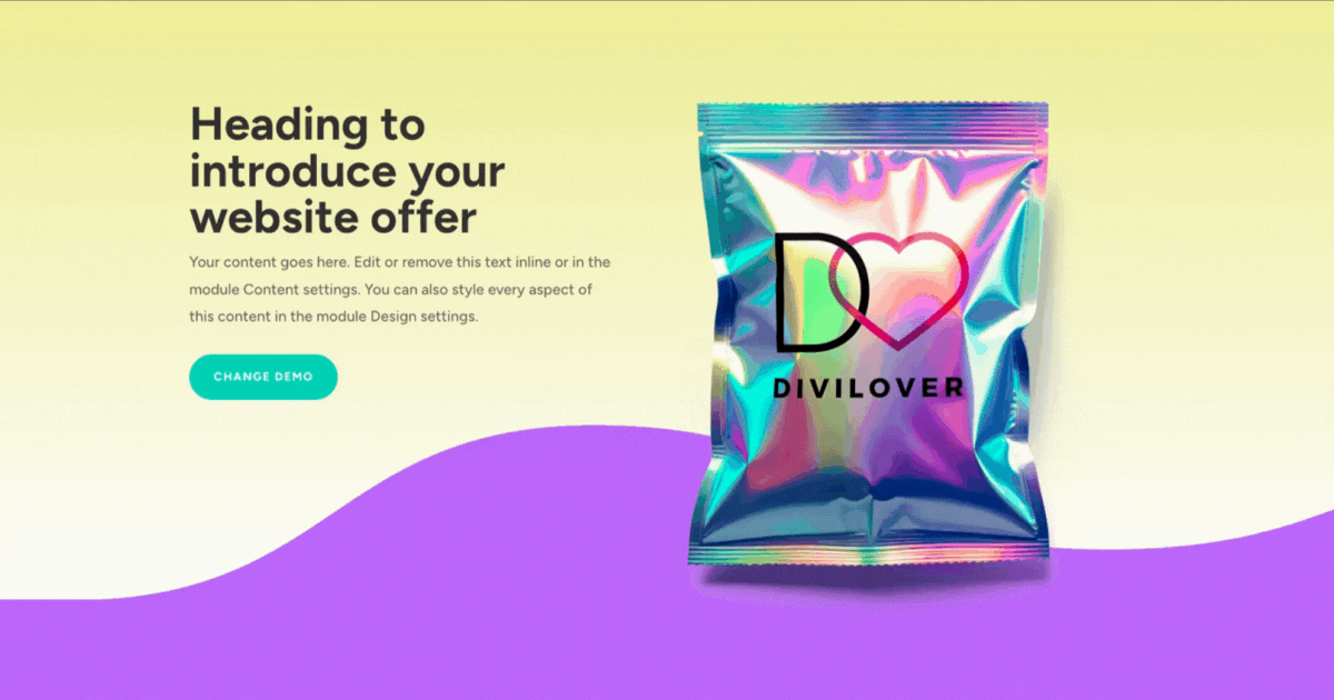 Discover what makes this free Divi hero section layout special — a responsive design with smooth animations and a stunning animated divider crafted by Divi Lover.