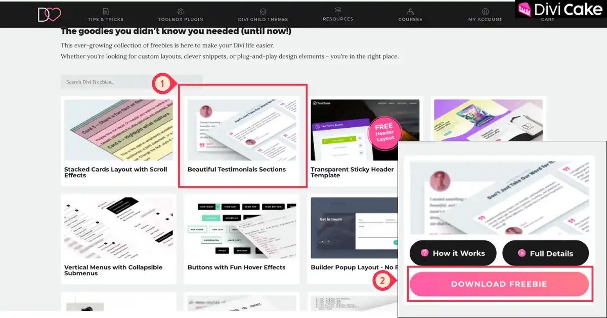 Screenshot showing how to download the free Divi testimonial sections JSON file from Divi Lover by clicking the “Download Freebie” button.
