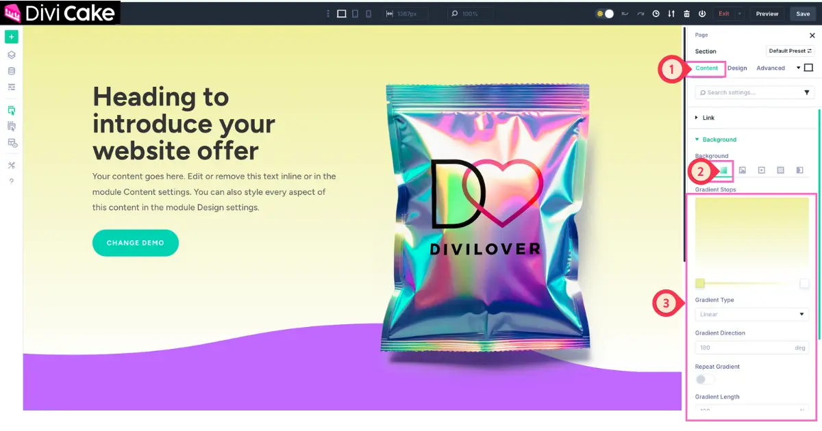 Tutorial showing how to edit the background image, gradient, and colors in a Divi hero section using the Divi Builder’s section settings.