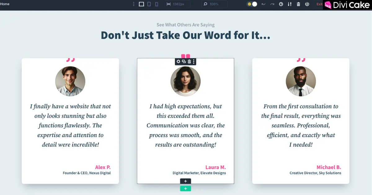 Screenshot showing the final result after adding free Divi testimonial sections from Divi Lover to a Divi page, displaying a professional and trust-building layout.