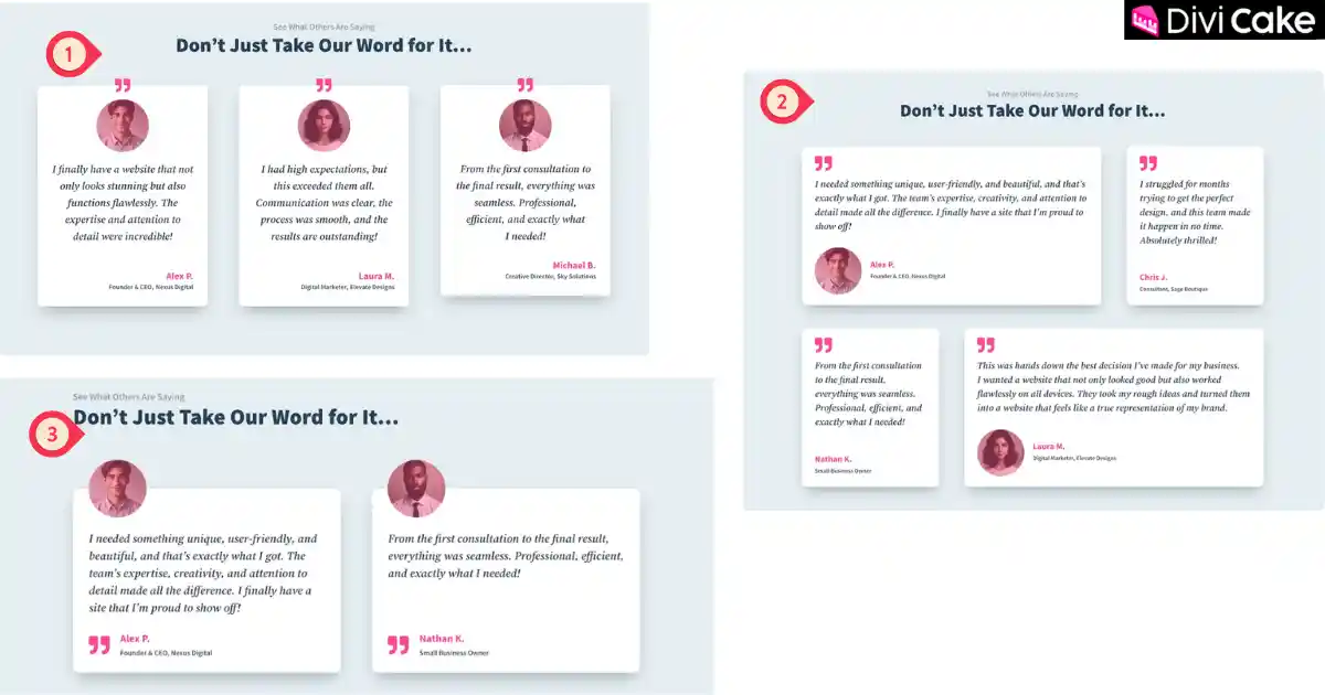 Beautifully designed free Divi testimonial sections from Divi Lover showing modern layouts that build trust and boost website conversions.