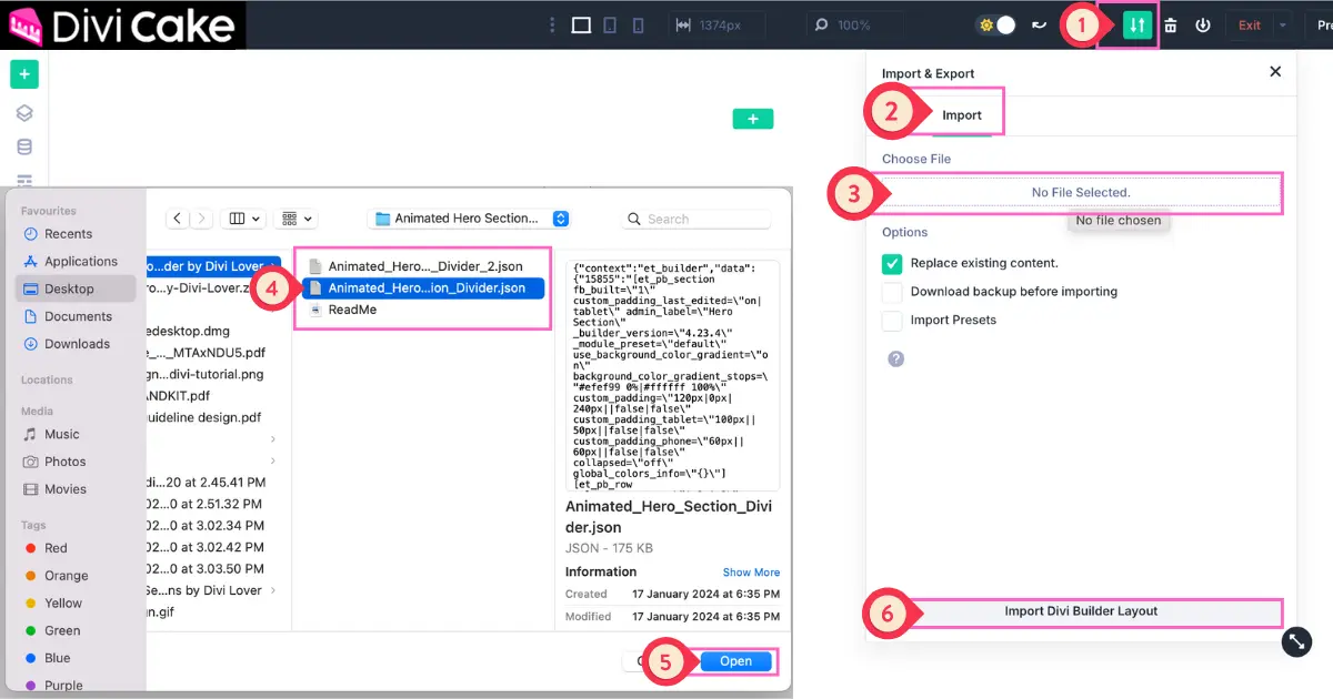Step-by-step guide showing how to import a free Divi hero section layout with an animated divider using the Divi Builder’s import and export options.