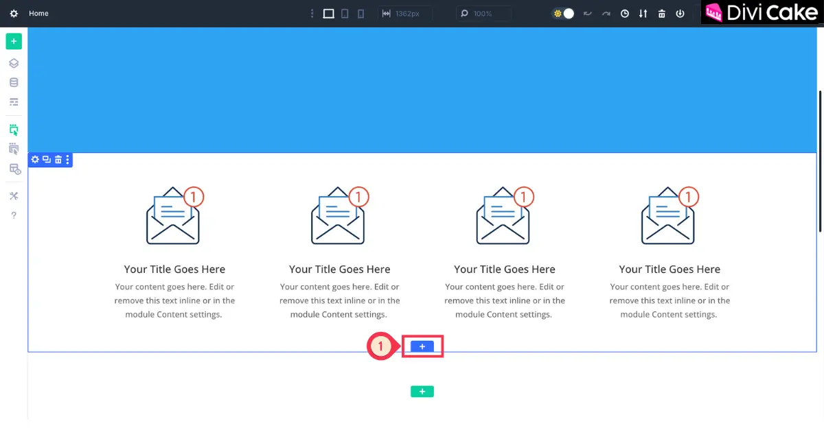 Screenshot showing how to import the Divi Lover testimonial sections JSON file into a Divi page by creating a new section with the blue plus icon.