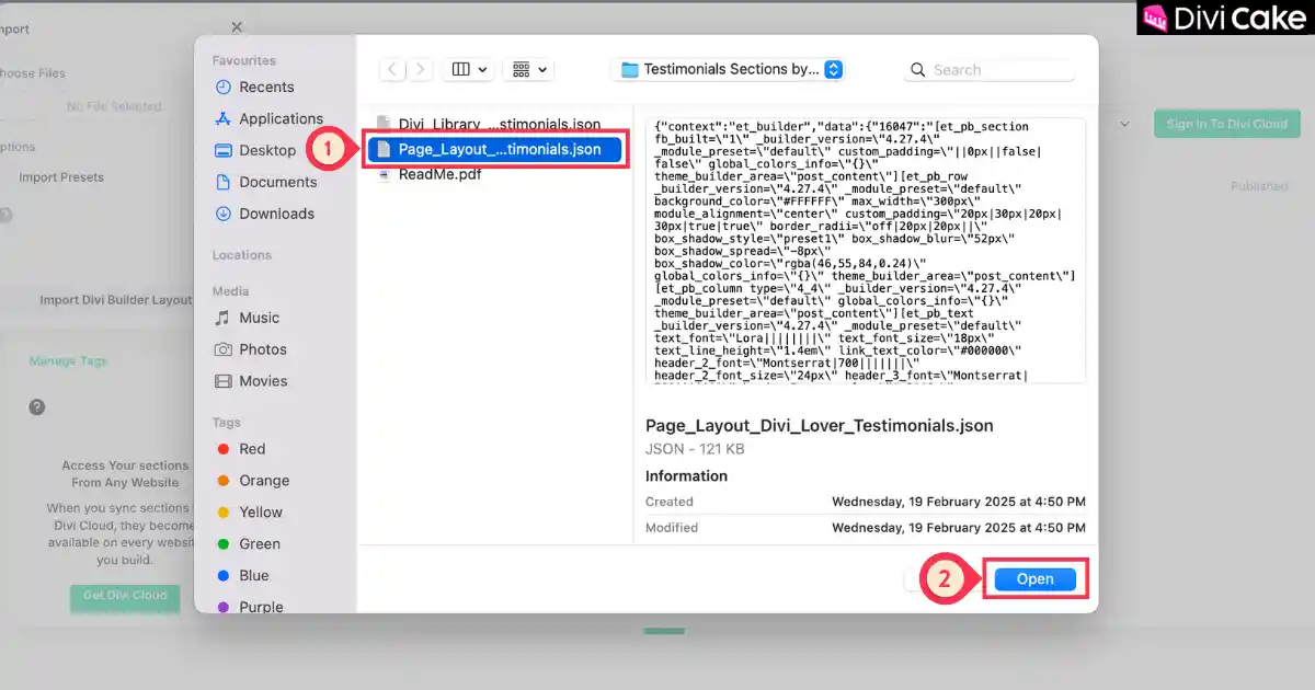 Screenshot showing how to import the free Divi testimonial layout JSON file into the Divi Library by selecting Page_Layout_testimonials.json and clicking Open.
