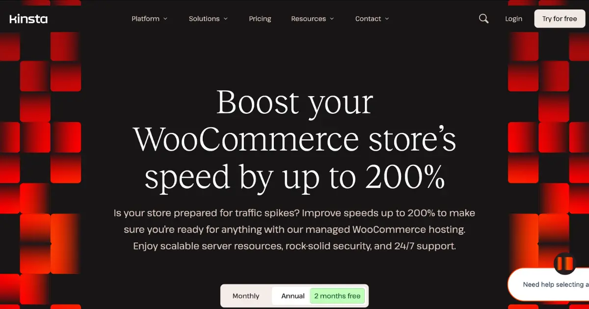 Screenshot from Kinsta showing a “Boost your website speed 200% with Kinsta” message alongside WooCommerce hosting features.