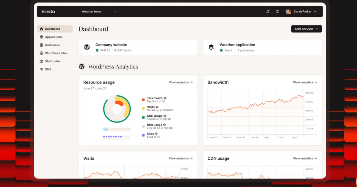 Screenshot of Kinsta hosting dashboard showing MyKinsta interface with analytics, backups, and staging tools for Divi 5 users.