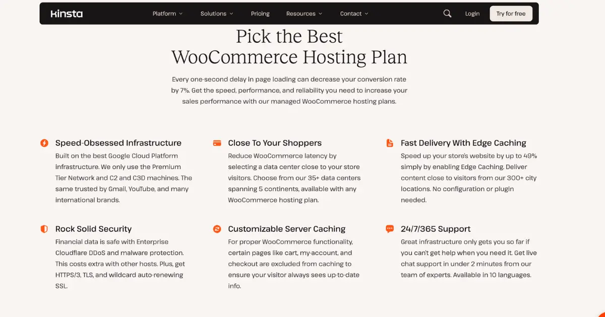 Screenshot showing Kinsta hosting plan features and benefits offered for WordPress and WooCommerce users.