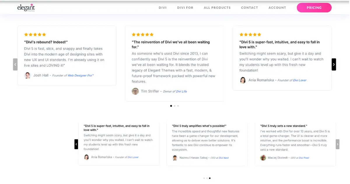 Divi 5 Builder review graphic showing its pros, cons, and real-user feedback from developers and WordPress communities.