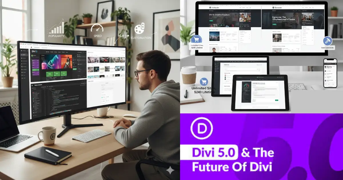A comparison of Divi 5, Elementor, Bricks Builder, and Beaver Builder showing differences in design flexibility, speed, and WordPress page builder features.