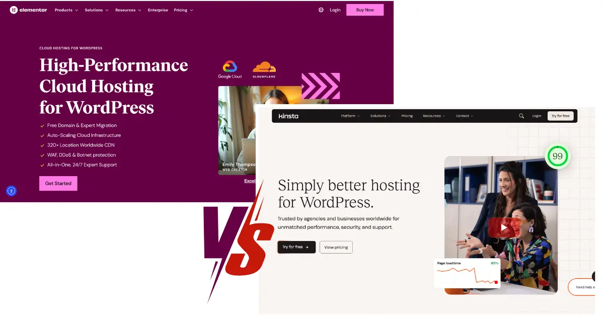 Screenshot showing Kinsta and Elementor Hosting official pages side-by-side with “VS” text, comparing both hosting platforms visually.