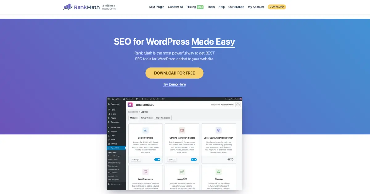 Official Rank Math WordPress SEO plugin dashboard showing real-time SEO score, keyword analysis, and optimization tools.