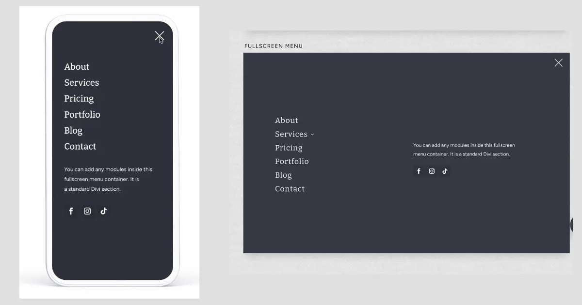 Canvas Layout Kit fullscreen mobile menu overlay with animated hamburger icon, built in Divi Builder and fully customizable with text, buttons, forms, or images for a modern mobile experience.