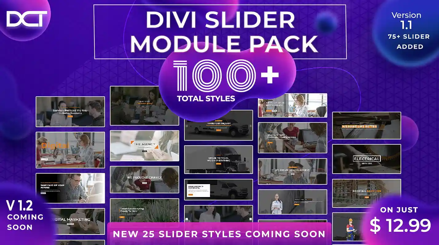 Explore 100+ layout styles with the Divi Slider Module Pack from the Divi Marketplace