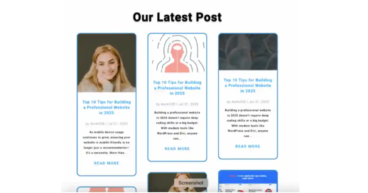Screenshot showcasing a fully designed blog post landing page built from scratch using Divi 5.