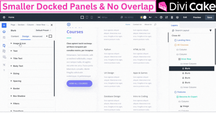 Divi 5 introduces smaller docked panels, eliminating modal window overlap and ensuring a clean, organized workspace for efficient and uninterrupted web design.