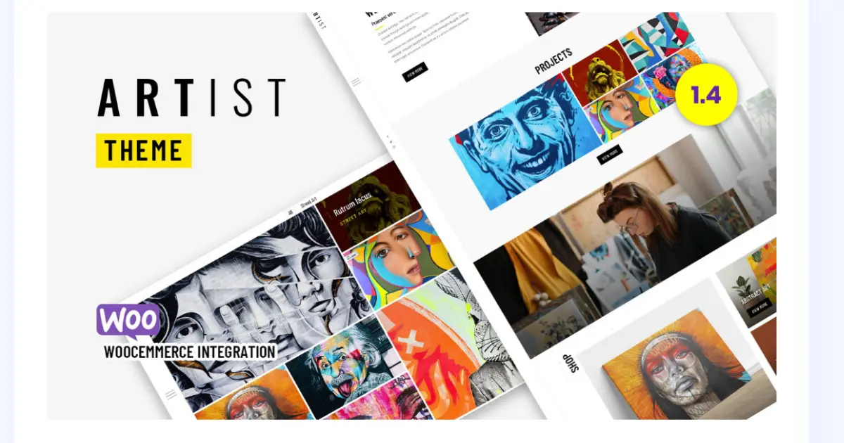 Artist Theme Divi child theme preview for ecommerce artist website with portfolio and WooCommerce shop