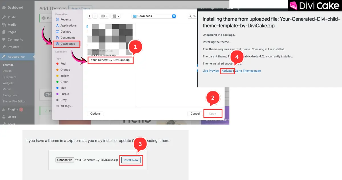 File picker selecting the DiviCake generated child theme ZIP file before clicking Install Now in WordPress