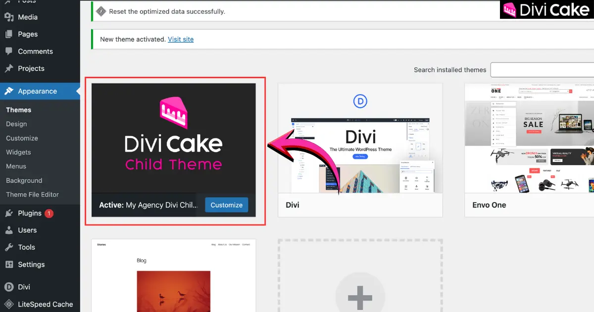 WordPress Themes page showing the Divi child theme is installed and activated successfully