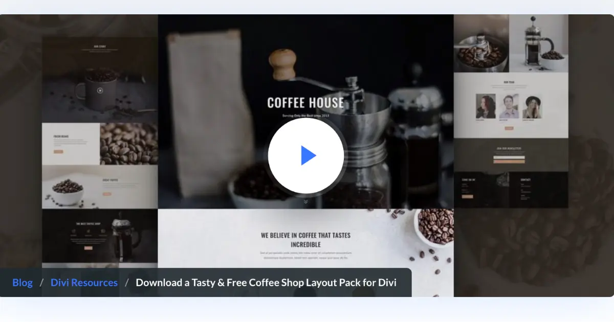Divi Coffee Shop Layout Pack by Elegant Themes preview screenshot with menu and brew guide page layouts