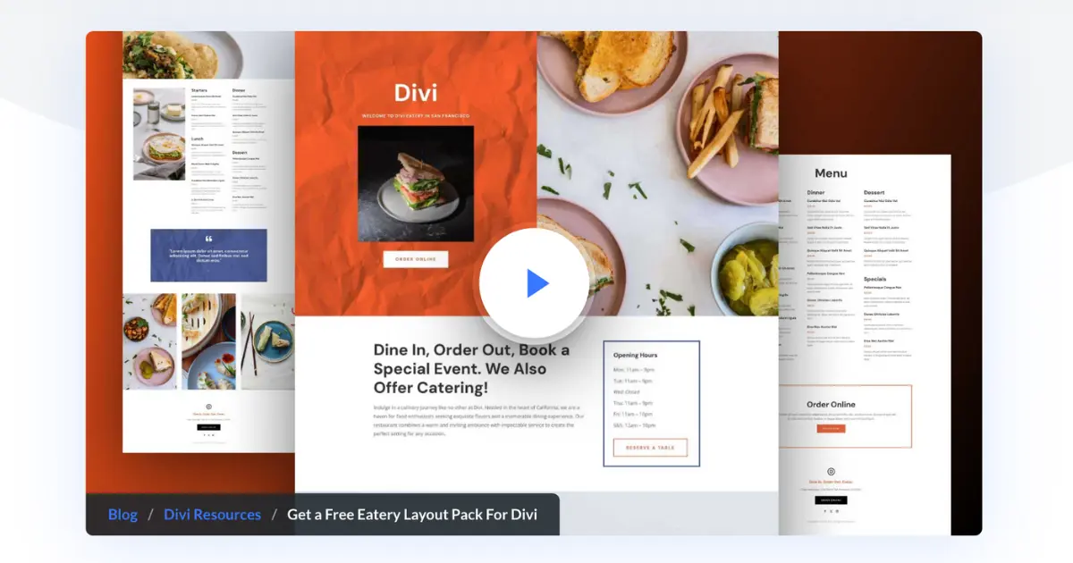Divi Eatery Layout Pack by Elegant Themes preview screenshot for modern restaurant and takeout website in Divi