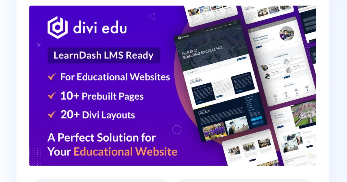 Divi Edu child theme preview for school college university websites with LearnDash LMS support