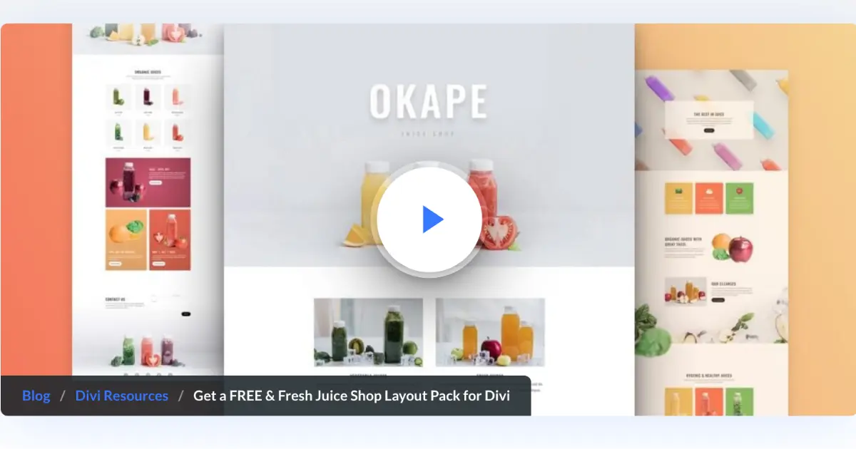 Divi Fresh Juice Shop Layout Pack by Elegant Themes preview screenshot with menu, recipes, cleanses, and shop pages