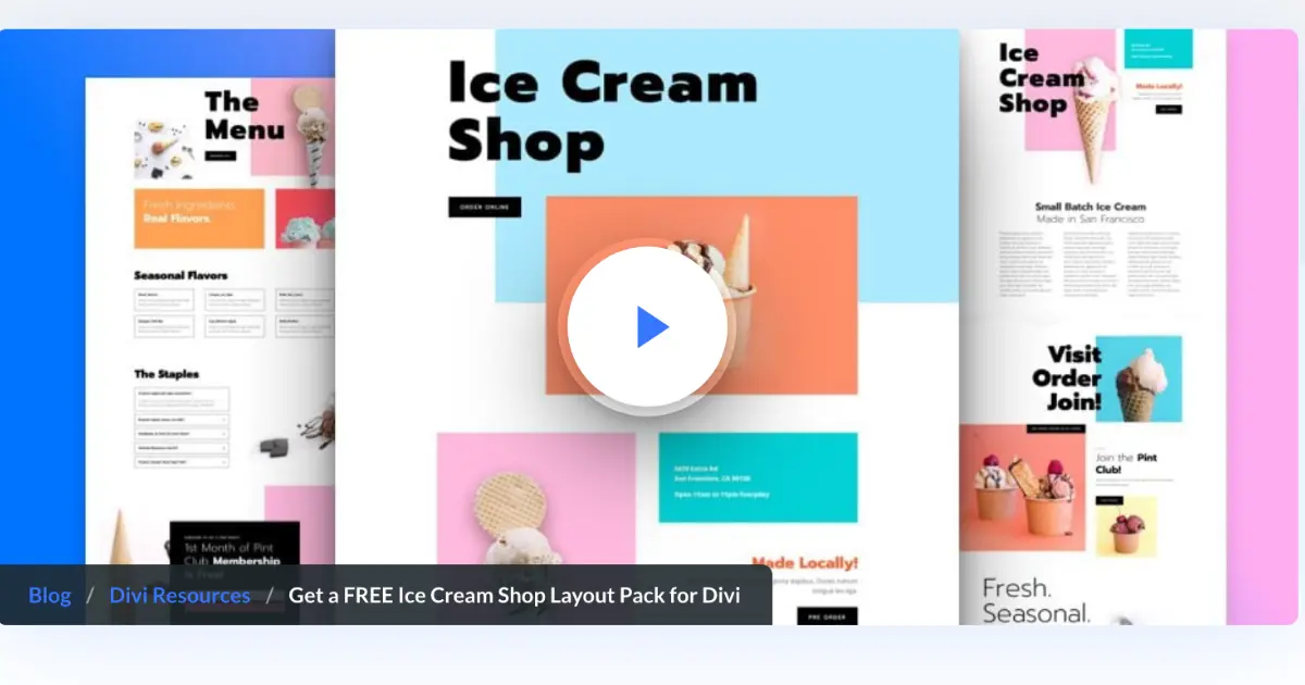 Divi Ice Cream Shop Layout Pack by Elegant Themes preview screenshot for dessert shop and ice cream menu website