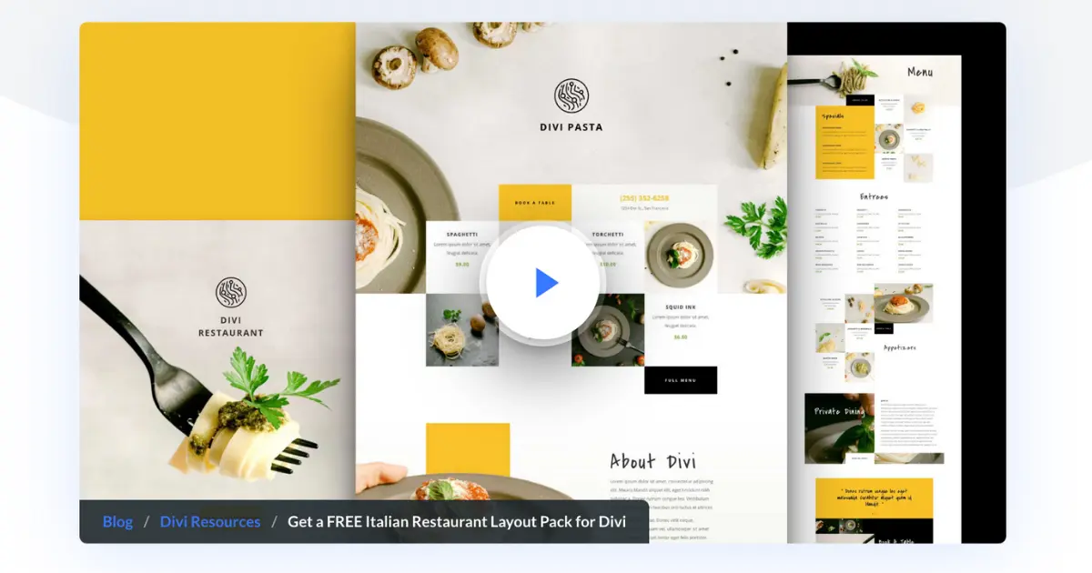 Divi Italian Restaurant Layout Pack by Elegant Themes preview screenshot with menu and booking style pages