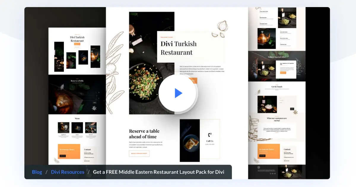 Divi Middle Eastern Restaurant Layout Pack by Elegant Themes preview screenshot for restaurant menu and reservations pages