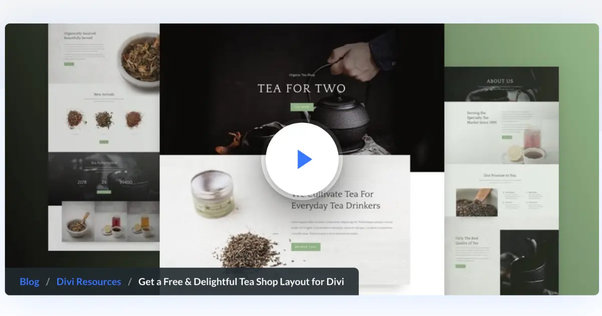 Divi Tea Shop Layout Pack by Elegant Themes preview screenshot with shop, guide, and gallery page layouts