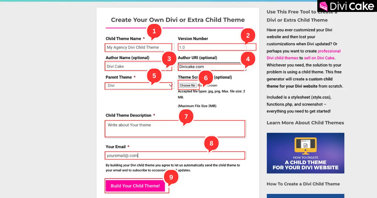 DiviCake child theme generator form fields for theme name, version, author, parent theme Divi, screenshot, and email