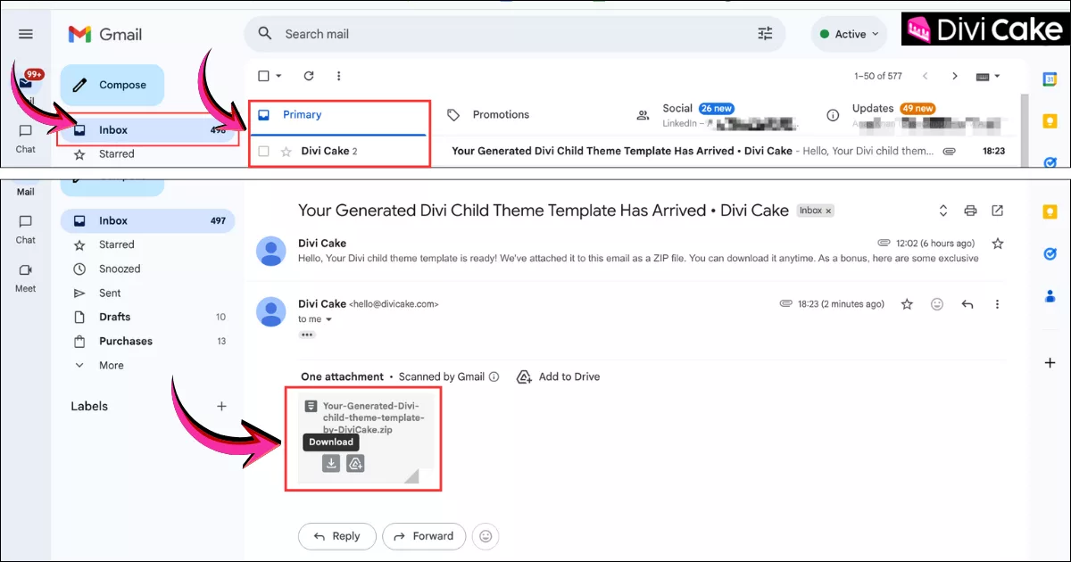 DiviCake email containing the download link for the generated Divi child theme ZIP file