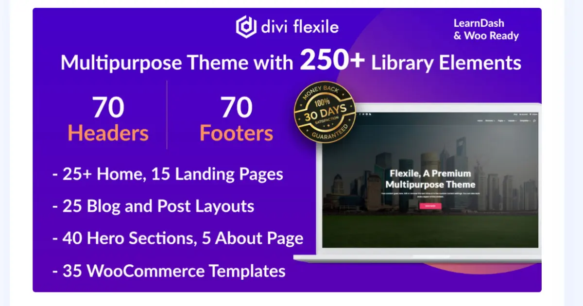 Flexile multipurpose Divi child theme preview with multiple homepage layouts landing pages WooCommerce and headers