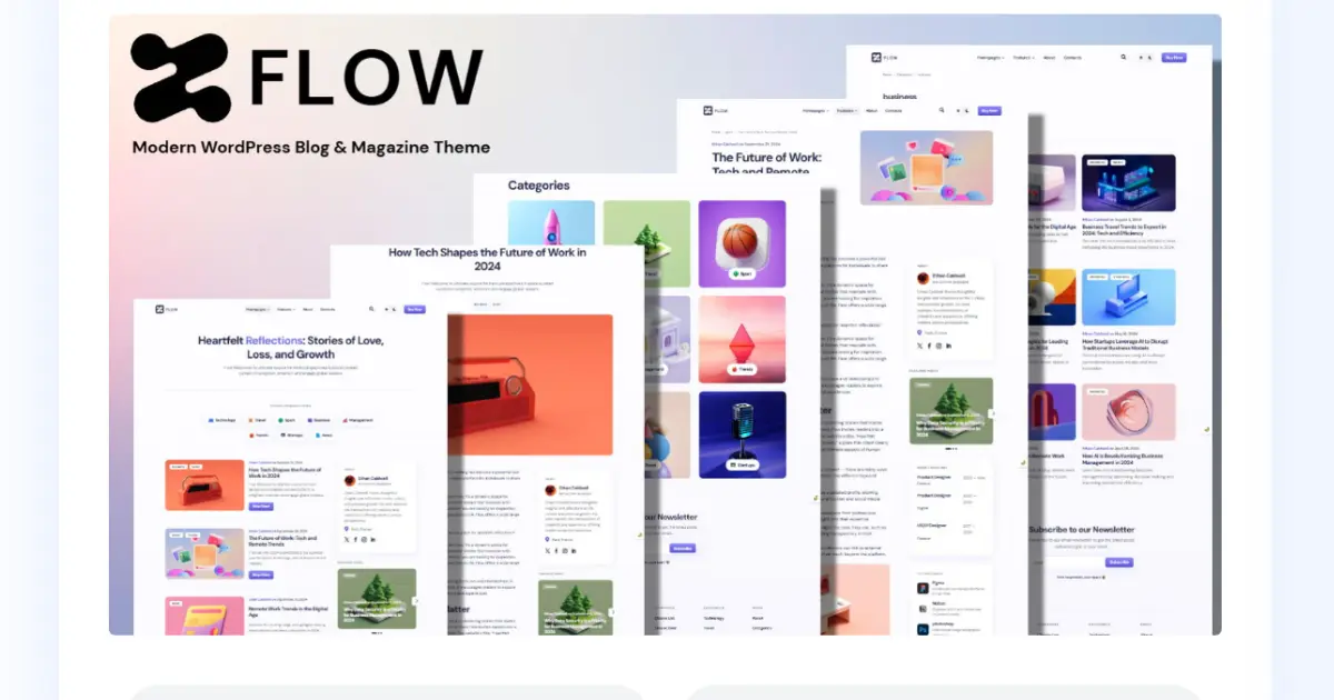 Flow Divi child theme preview for blog and magazine websites with fast responsive design