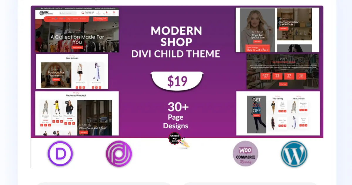 Modern Shop Divi WooCommerce child theme preview for fashion and ecommerce stores built with Divi