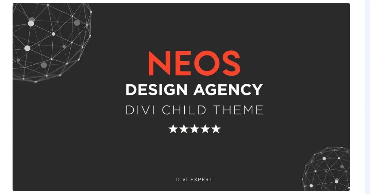 Neos design agency Divi child theme preview with portfolio services WooCommerce and global header footer