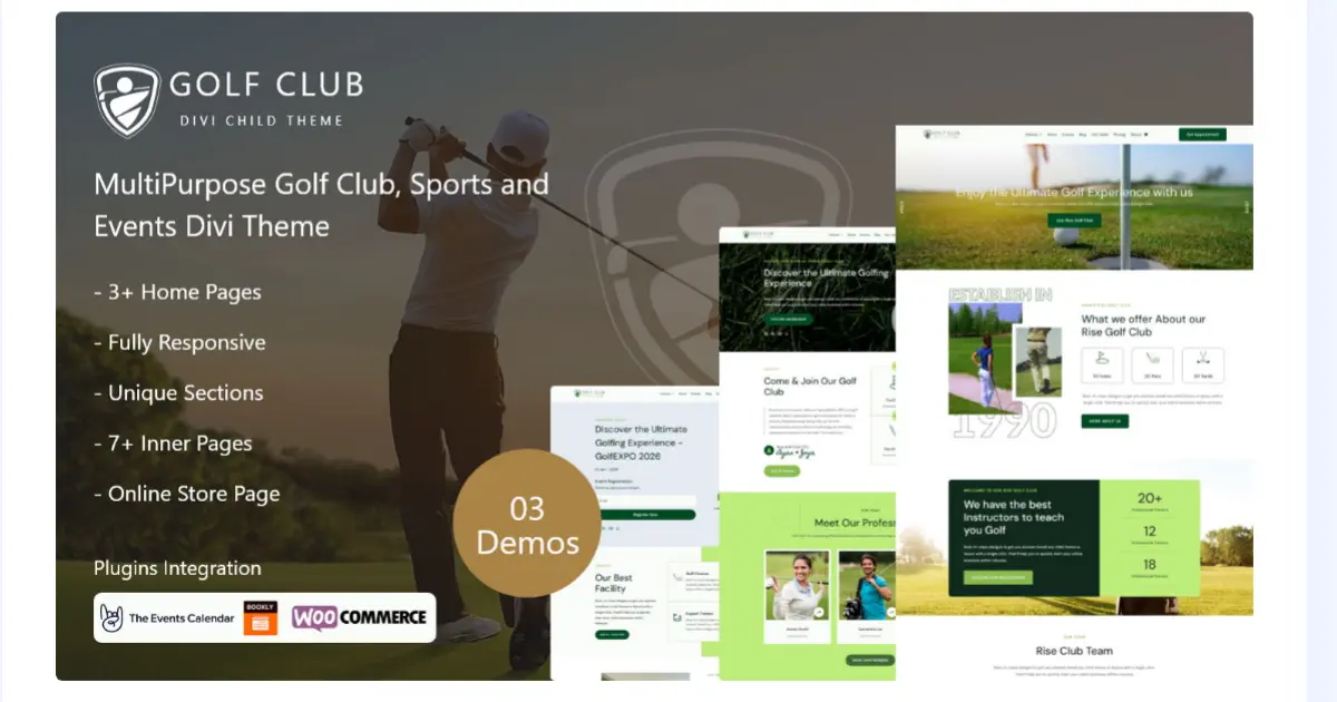 Rise Golf Club Divi theme preview with booking events WooCommerce store and sports club website layouts